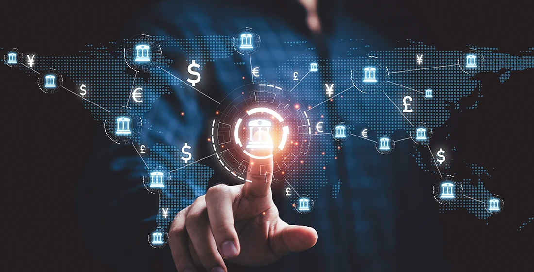 man is connected with a touch of a finger to a world of financial opportunities